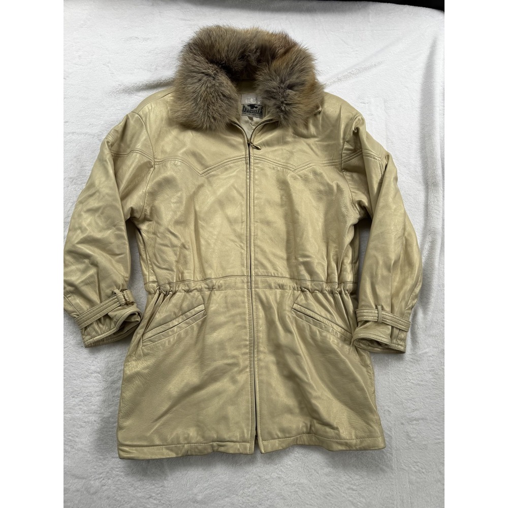 Vintage Cache Damselle Jacket Womens XS Beige Leather Fur Collar Belted USA 80s - Picture 1 of 12